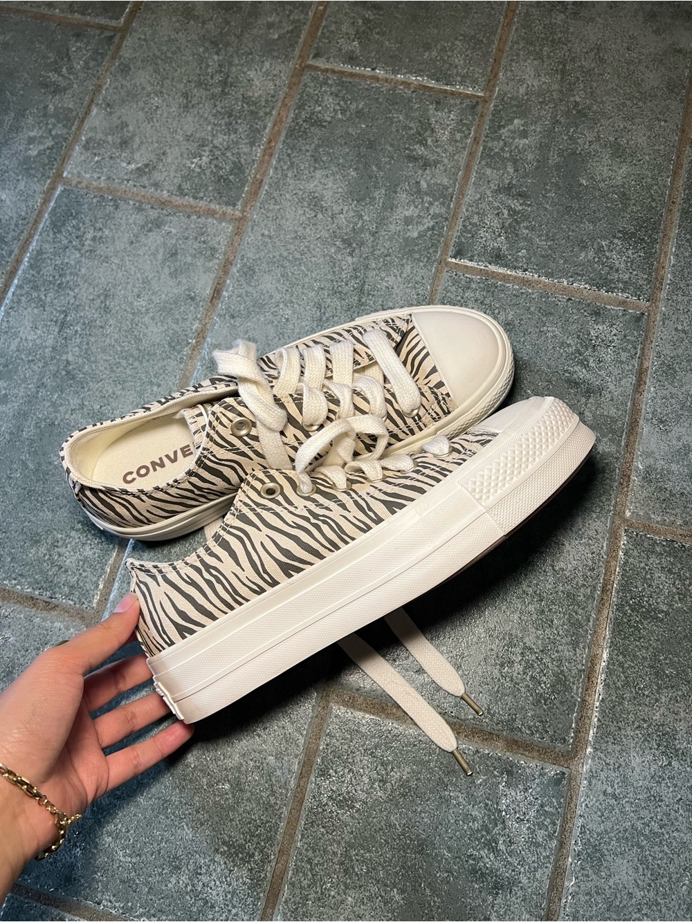 Converse Low Top Platform Sneakers in Cream and Black Zebra Print